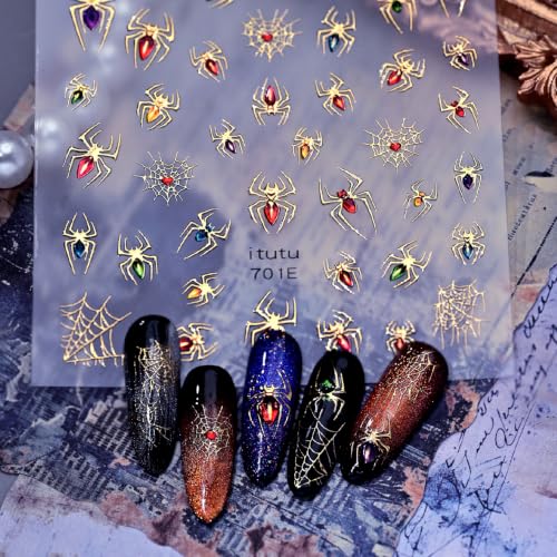 1 Sheet Halloween Nail Stickers 5D Embossed Self Adhesive Spider Web Nail Decals Spider Nail Art Stickers Colorful Gold Relief Spider Nail Designs Goth Halloween Holiday Manicure Supplies for Women - color: Halloween Golden Relief Spider