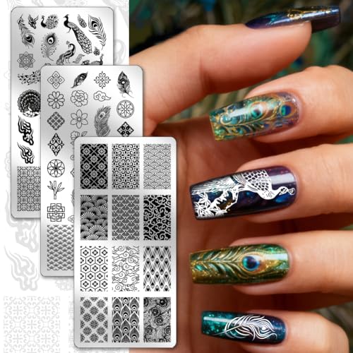 PH PandaHall 3pcs Peacock Nail Stamping Plates Chinese Pattern Nail Art Plates Cloud Geometric Nails Image Plates Feathers Flowers Manicure Design Stamp for Women Manicures Salon DIY Printing Gift - style: Peacock