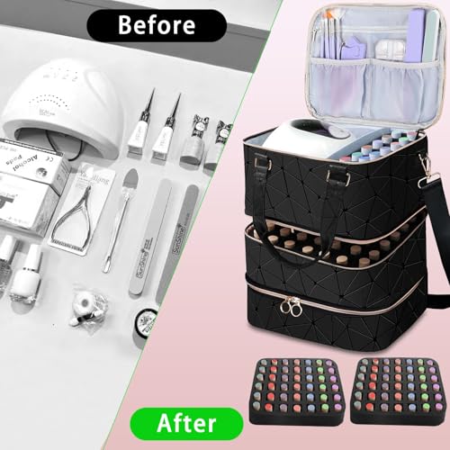 DHXYZZB Nail Polish Organizer and Storage-Holds 84 Bottles (15ml/0.5fl.Oz), Manicure Tools & UV Lamp, 3-Layer Detachable PU Leather Nail Kit Storage Bag, Large Nail Supplies Shoulder Bag (Black) - color: Black