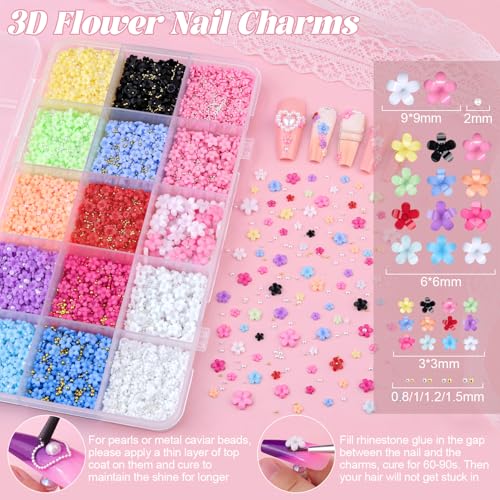 3D Flower Nail Charms for Nails Art, Cute Colorful Acrylic Nail Flowers - color: 19 15 Grids Nail Art Decos Set 1