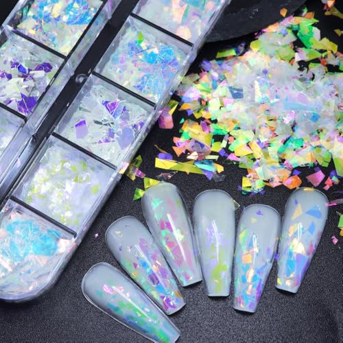 1 Box Holographic Aurora Nail Foil Laser Mermaid Nail Sequins 3D Iridescent Cellophane Nail Flakes Sparkly Glitter Flakes Shiny Nail Glitter Iridescent Nail Sequins Glitter for Nails Art 12 Grids - color: YHN27