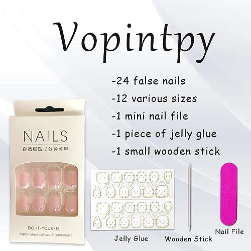 White French Tip Press on Nails Short Square Fake Nails Glossy Pink False Nails with Glue on Nails Reusable Full Cover Stick on Nails Acrylic Artificial Nails for Women DIY Nails Art Decoration