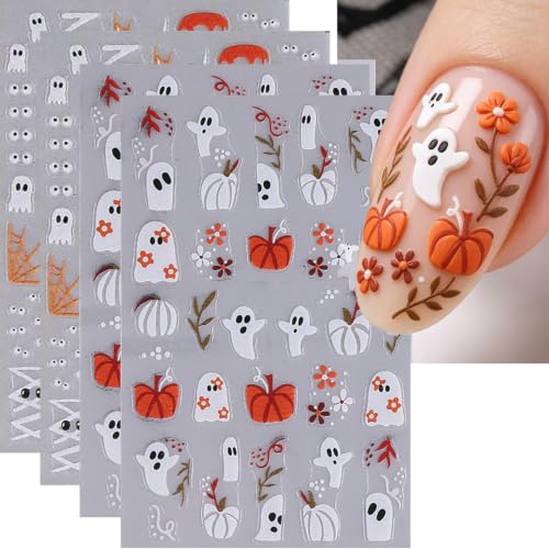 Halloween Ghost Nail Art Stickers Cute Cartoon Pumpkin Ghost Nail Art Decals 4 Sheets 3D Embossed Self-Adhesive Stickers Spider Flower Nail Design for Women Halloween Nail Supplies Nail Decorations - color: Halloween Style2