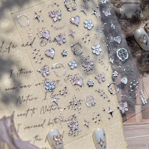 1 Sheet Flower Nail Stickers for Nail Art Silver Spring Nail Art Stickers Bohemian Style Design 5D Embossed Butterfly Nail Decals Star Heart Nail Art Supplies for Women DIY Manicure Accessories - style: silver sibiscus