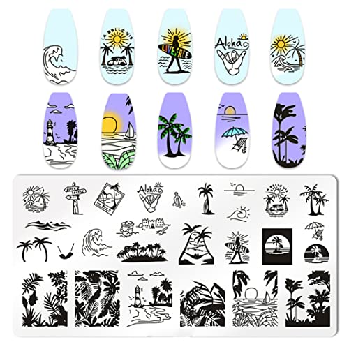 6pcs Seaside Scenery Nail Stamping Plate Nail Stamping Kit for Nails Summer Beach Coconut Trees Sunset Waves Sea Animals Image Plates Nail Stamper Kit - color: Seaside Scenery Nail Stamping Plate