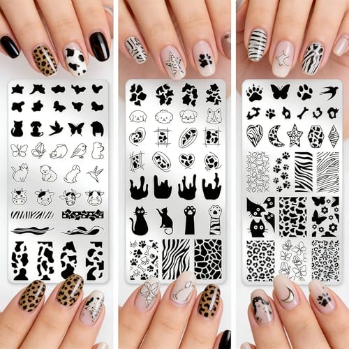 3Pcs Cute Animals Nail Stamping Plate Set Cat Puppy Butterfly Nail Stamp Templates Zebra Cow Texture Metal Reusable Tools with Stamper Scraper for Manicure Printing - color: Animal Pattern