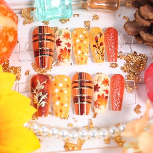 Fall Press on Nails Long Coffin False Nails Autumn Maple Leaf Fake Nails with Orange Glitter Plaid & Polka Dots Design Full Cover Acrylic Nails Reusable Thanksgiving Manicure Nail Tips for Women 24Pcs - color: special Fall-4