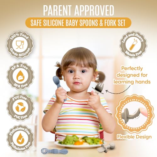 HippoBaby 4pc Silicone Baby Spoons Self Feeding Baby Utensils 6-12 Months - 3 Baby Spoon - 1 Baby Fork - Toddler Cutlery Set - BPA Free, Dishwasher Safe - Baby Eating Essentials (Gray/Beige) - color: Cloud/Khaki