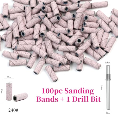 100 Pcs Nail Drill Bits, 240 Grits Sanding Bands for Nail Drill with 3.1mm Mandrel Bits, Mini Sanding Bands for Acrylic Nails Gel Manicures and Pedicures (Pink) - color: 100pc Pink, size: 240 Grit