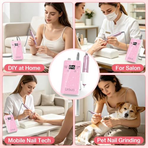 Electric Nail Drill 45000RPM Professional,Glitter Portable E-File Nail Drill Kit for Acrylic & Gel Nails,LCD Display & 4000mAh,Electric Nail File 12 Bits,Manicure Pedicure Kit for Home Salon,Pink - color: Pink