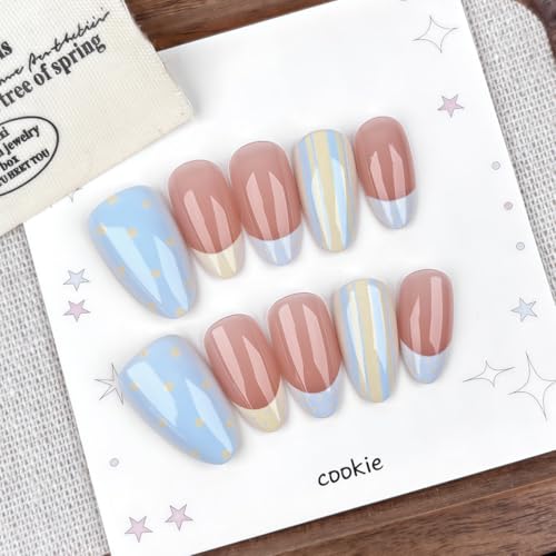 Short Almond Press On Nails - Polka Dot, Striped - color: Color-35
