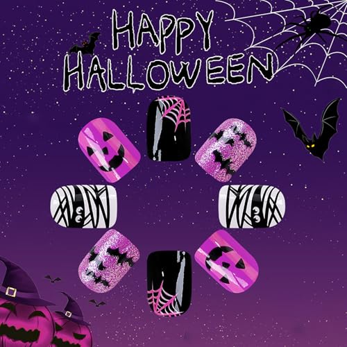 Halloween Press on Nails Short Square Fake Nails with Bat & Spider Web Designs Purple Gradient False Nail Sliver Glitter Stick on Nail Glue on Nails Bling Artificial Acrylic Nail for Women 24Pcs - color: Halloween style 02