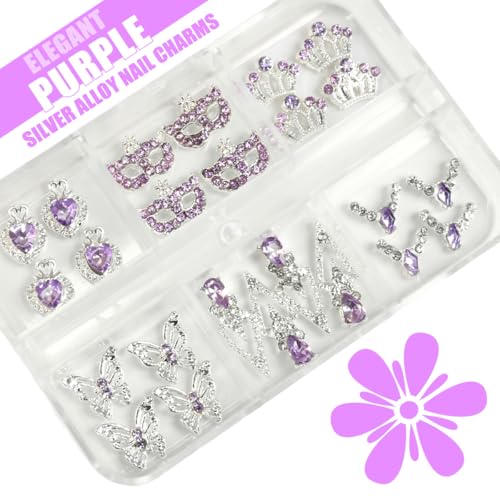 qiipii 24pcs Purple Luxury Nail Charms Heart Rhinestones Charms 3D Big Crown Butterfly Nail Gems Crystals Diamonds Jewelry Stones Alloy Studs Supplies Decor for Arylic Nails Face Makeup DIY Crafts - color: Luxury Charms - Purple, size: 1 Box