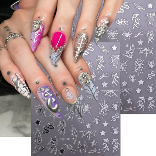 8 Sheets Halloween Nail Art Stickers Spider Web Nail Decals 3D Self-Adhesive Black Silver White Gold Snake Spiders Spider Web Nail Stickers Design Holiday Sticker for DIY Nails Decoration Accessories - style: Snake