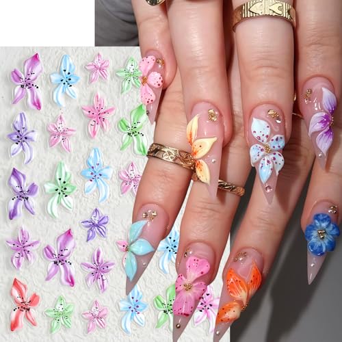 6Sheets Colorful Flower Nail Art Stickers 5D Micro Embossed Hawaiian Flowers Nail Decals Lily Hibiscus Floral Nail Design Tropical Flower Manicure Supplies Summer Floral Nail Accessories for Women - style: hawaiian flowers
