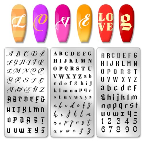 PH PandaHall 3PCS English Letter Nail Stamp Plate Personalized Letter Print Nail Stencils Stainless Steel Nail Template for English Alphabet Number Nail Art Design Image Plate 4.7x2.4 inches