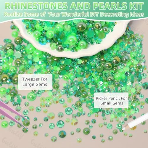 14000Pcs Mixed Green Flatback Rhinestones and Pearls for Bedazzling Kit - color: S7