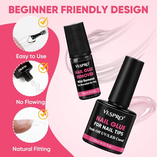 Full Cover Acrylic Nail Tips with Glue,240Pcs Almond & Square Nail Tips Kit