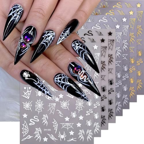 8 Sheets Halloween Nail Art Stickers Spider Web Nail Decals 3D Self-Adhesive Black Silver White Gold Snake Spiders Spider Web Nail Stickers Design Holiday Sticker for DIY Nails Decoration Accessories - style: Snake