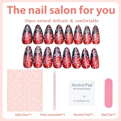 24 Pcs Christmas Red Press On Nails Medium Almond Fake Nails Red Glitter Gradient False Nails Winter Holiday Glue on Nails Sequin Full Cover Glossy Stick on Nails for Acrylic Xmas Manicure Decoration