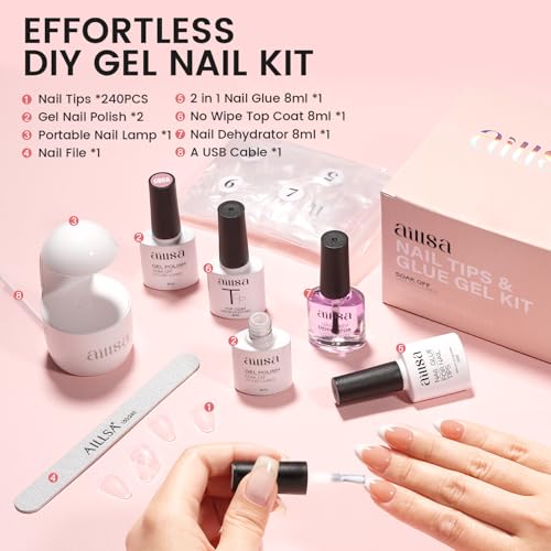 AILLSA Nail Extension Kit Short Almond Nail Tips 240pcs for Starters