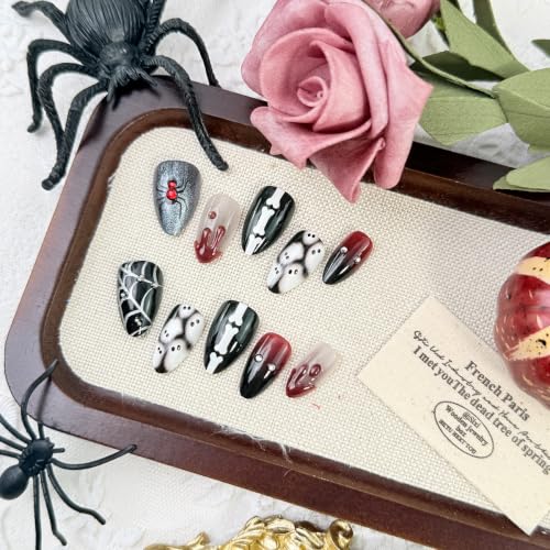Halloween Press On Nails Short Almond Shape Gothic Fake Nails with Ghost Bone Blood Drip Spider Web Designs Reusable Horror Punk False Nails Glossy Full Cover Acrylic Nails Kit for Women 24Pcs - color: special Halloween-18