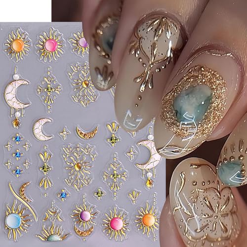 3 Sheets Bohemian Style Nail Decals Embossed Star Nail Art Stickers 5D Self-Adhesive Sun Moon Nail Stickers Flame Heart French Designs Nails Decor Boho Manicure Accessories for Women Nail Supplies - style: Bohemian