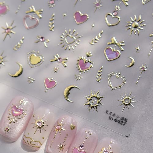 1 Sheet Star Nail Art Stickers 5D Embossed Moon Heart Nail Decals Pink Gold Nail Stickers for Nail Art with Pink Rhinestones Design Sun Nails Supplies Accessories for Women Manicure DIY Decorations - style: gold bow star