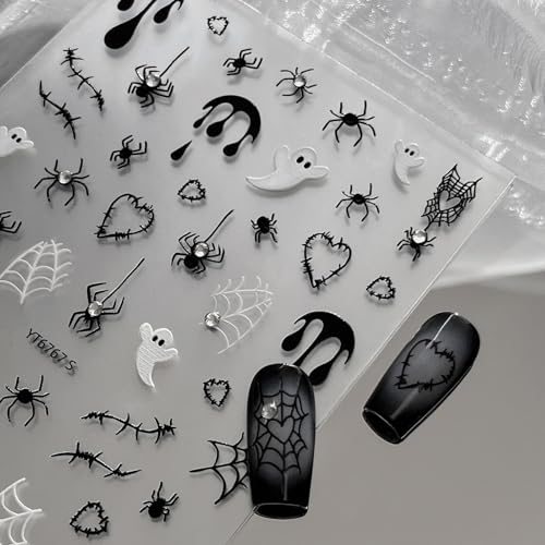 Halloween Nail Stickers for Nail Art Cute Ghost Spider Halloween Fingernail Nail Art Stickers Black White 5D Embossed Nail Decals 3D Self-Adhesive Nails Supply Manicure Sliders for Nail Decoration - color: Halloween Style11