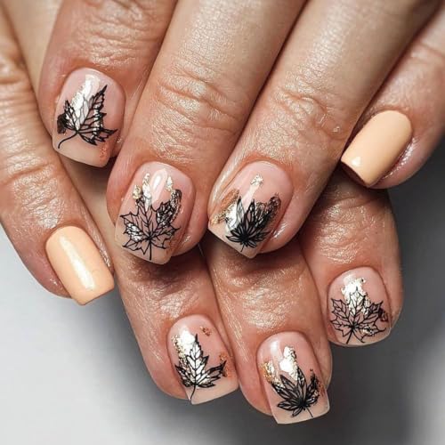 Autumn Press on Nails Short Square Fake Nails with Maple Designs Full Cover Nails Press ons Gold Nude Glue on Nails Fall Acrylic Nails Glossy Stick on Nails for Women 24Pcs - color: 16