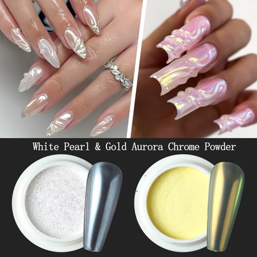 12 Jars Pearl Chrome Nail Powder, Iridescent Aurora Powder - color: F-123+F-124+6pcs sponge sticks