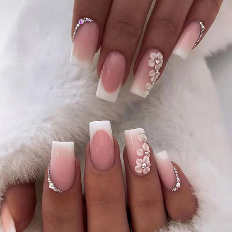 24Pcs Medium Square Fake Nails French Tip Press on Nails, Glossy Glue on Nail Full Cover False Nails with Rhinestones & Flowers Designs Medium White Nail Tips Pink Acrylic Nails for Women Girls - color: Pink Flowers