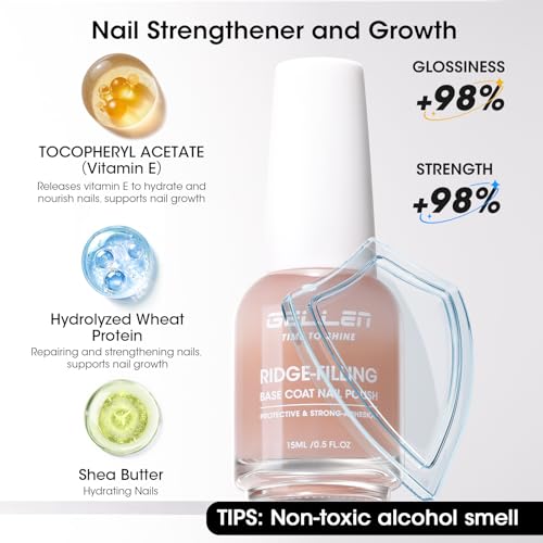 GELLEN Clear Nail Polish Ridge Filling Base Coat, Sheer Nude Tint Ridge Filler For Nails | Smooth Strengthen Nourish Damaged Dry Finger Nails | Shea Butter, Vit E, Protein | Toxin HEMA & TPO Free - color: Clear Nude Tint