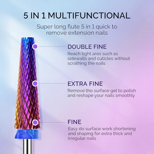 MelodySusie 3Pcs Nail Drill Bits Set, 3/32'' Carbide Tungsten Bits, Super Long 5 in 1, Flat Top Large Barrel and Cuticle Bits, Suitable for Manicure Pedicure Cuticle Gel Acrylic Remover, Purple - size: B Set