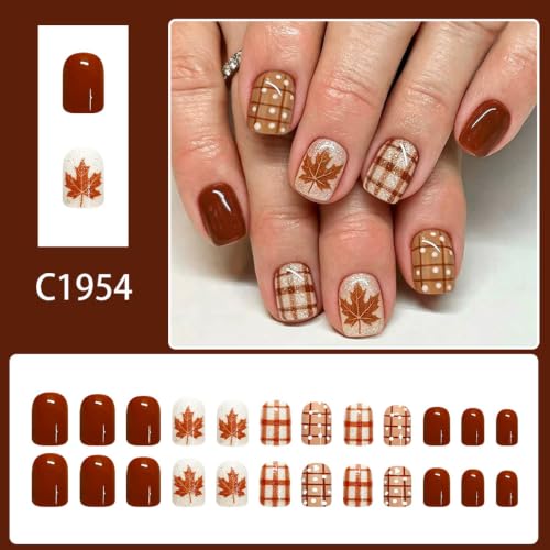 Fall Press on Nails Short Square Brown Plaid Maple Leaf Polka Dot - color: Style-27