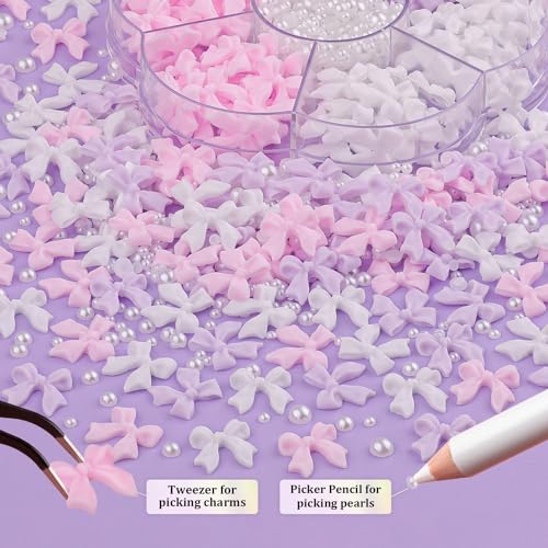 1 Box 3D Bow Charms and Flatback Pearls Set 3, 120 Pcs Cute Bow Charms for Design + 2-4mm White Pearls With Pickup Tweezer and Pencil for Nail Art Decoration - color: Style A - Pink White Lilac