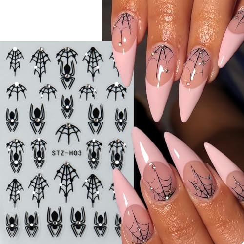4Sheets Spider Nail Stickers Halloween Nail Decals 3D Self-Adhesive Spider Web Nail Art Stickers with Shiny White Rhinestones Design Goth Halloween Holiday Nails Supply for Women Manicure DIY - color: Halloween09