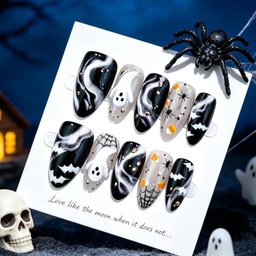 30Pcs Halloween Press On Nails Medium Almond Shape Gothic Fake Nails with 3D Ghost Bat Spider Web Designs Black White Glossy Full Cover False Nails Spooky Halloween Acrylic Nails Set for Women - color: special Halloween-10