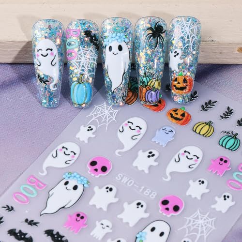 6Pcs Halloween Nail Stickers 5D Spider Web Cat Ghost Flower Design Sticker - color: Style 3