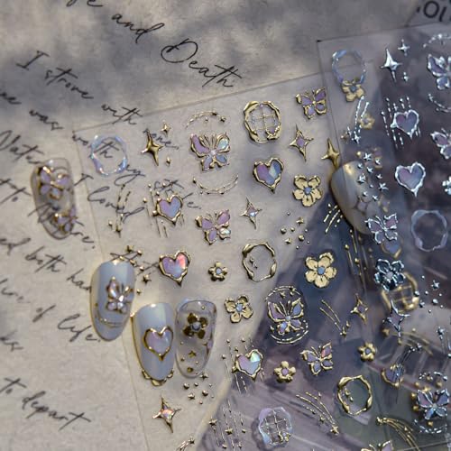 Gold Nail Stickers for Nail Art Flower Butterfly Nail Decals Golden Hibiscus Stickers for Nails Design 3D Self-Adhesive Gold Metal Stars Heart Coil Stickers for Nails Design Nail Supplies for Women - style: butterflies