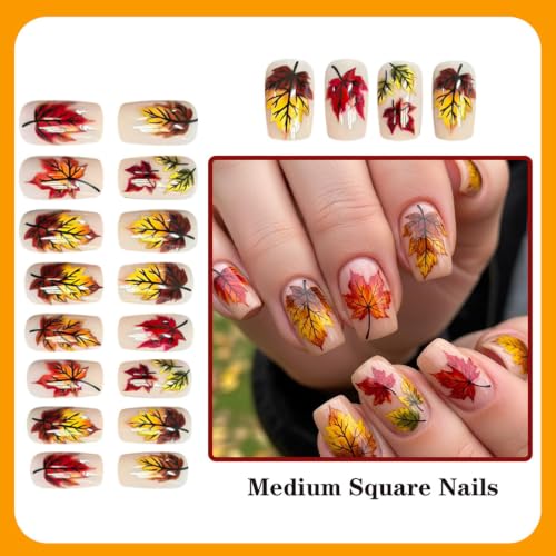 Maple Press on Nails Square Medium Fake Nails with Leaves Designs Fall Nails Press ons Nude Glue on Nails Glossy Acrylic Nails Artificial Stick on Nails for Women 24Pcs - color: Leaves Designs