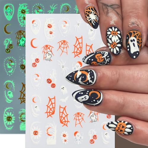 8Sheets Halloween Glow in The Dark Ghost Nail Stickers 3D Self-Adhesive Luminous Ghost Nail Art Decals Spider Web Pumpkin French Nails Design Bats Star Moon Nail Supplies Nail Decorations for Women - style: pumpkin