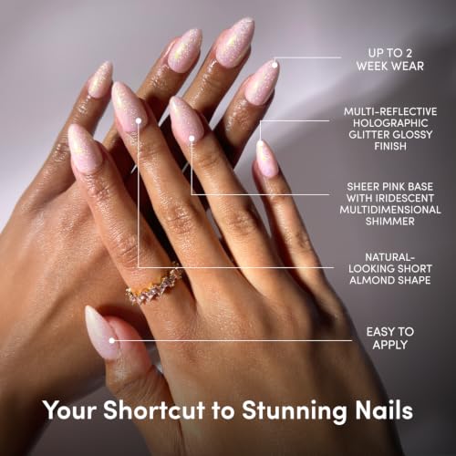 Glamnetic Press On Nails - Short Almond, Holo Fake Nails 30 Pc Full Kit - color: Fairy Flexx