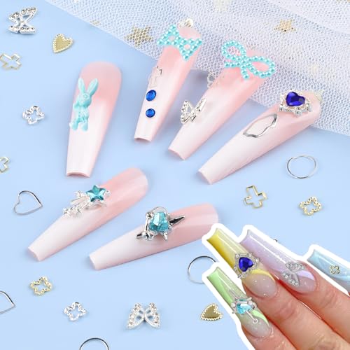 650Pcs Cute 3D Resin Nail Charms and Gems Blue Rabbit Bow Butterfly Charms - color: Blue