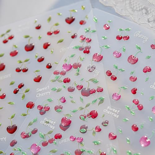 1 Sheet Cherry Nail Art Stickers 5D Cherries Nails Decals Cute Summer Fruits Nail Stickers Green Leaves Nail Supplies Jelly Cherry Nail Decorations for Women Spring Summer DIY Manicure Accessories - style: jelly cherry