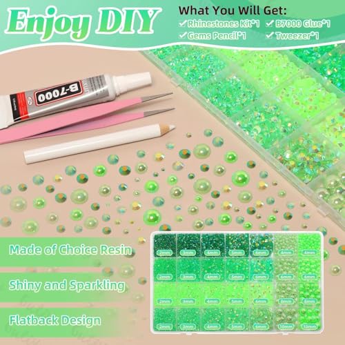 14000Pcs Green Flatback Rhinestones and Pearls for Bedazzling Kit - color: S2