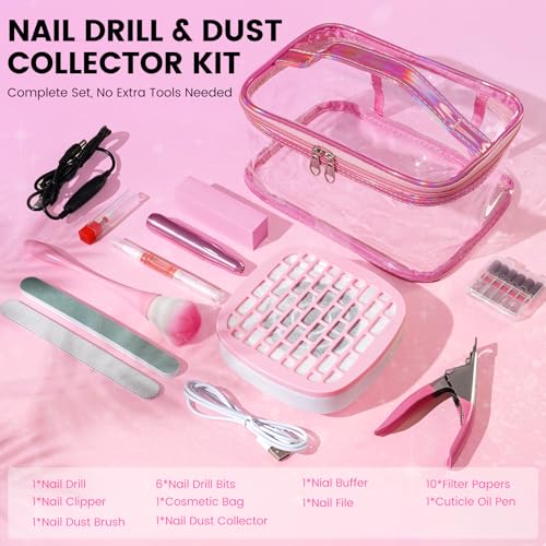 Nail Drill Kit with Mini Dust Collector and Pink Storage Bag for Beginners - color: Pink