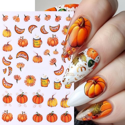 5Sheets Fall Nail Stickers Autumn Maple Leaf Nail Art Stickers 3D Self Adhesive Maple Leaves Nails Decals for Nails Art Thanksgiving Day Nail Decoration Pumpkin Nut Cute Manicure Supplies for Women - style: fall leaves