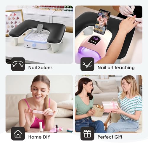 LIONVISON Arm Rest for Nails Tech: U Shaped Ergonomic Nail Hand Rest Stand PU Leather with Rotating Phone Holder for Nail Salon Manicurist (Black) - color: Black with Phone Holder
