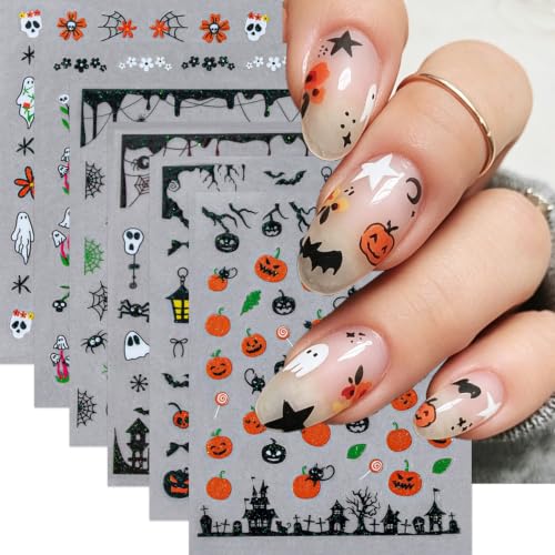 Halloween Nail Art Sticker Pumpkin Nail Sticker 6Pcs Horror 3D Self-Adhesive Ghost Skull Spider Web Bat Nails Pumpkin Decals Skeleton Castle Nail Supplies Accessories for Halloween Manicure Decoration - color: Pumpkin Face